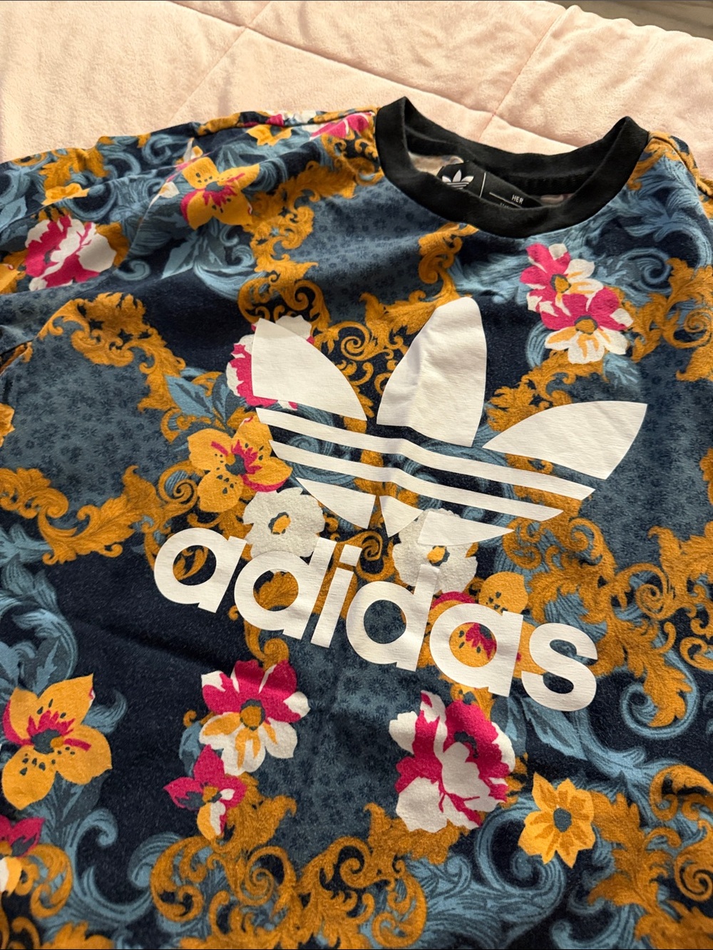 adidas Navy Floral Logo Tee with Yellow & Pink Accents - Picture 2 of 4